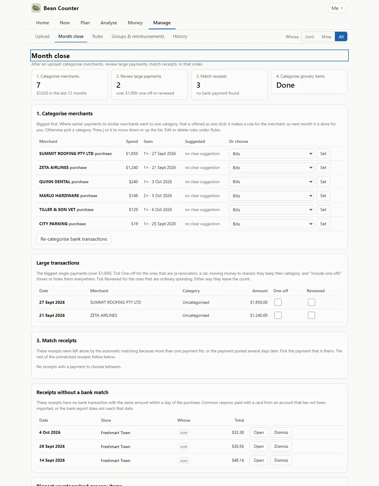 The Month close page with steps for categorising merchants, reviewing large payments and matching receipts