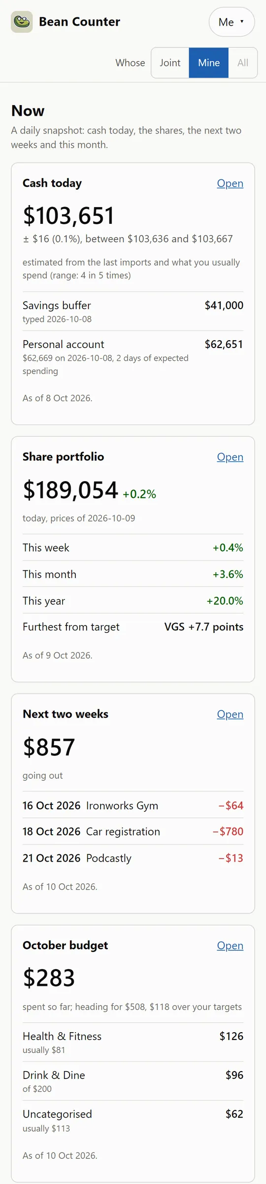 The Now page on a phone: estimated cash today with a range, share portfolio, the next two weeks and this month's budget