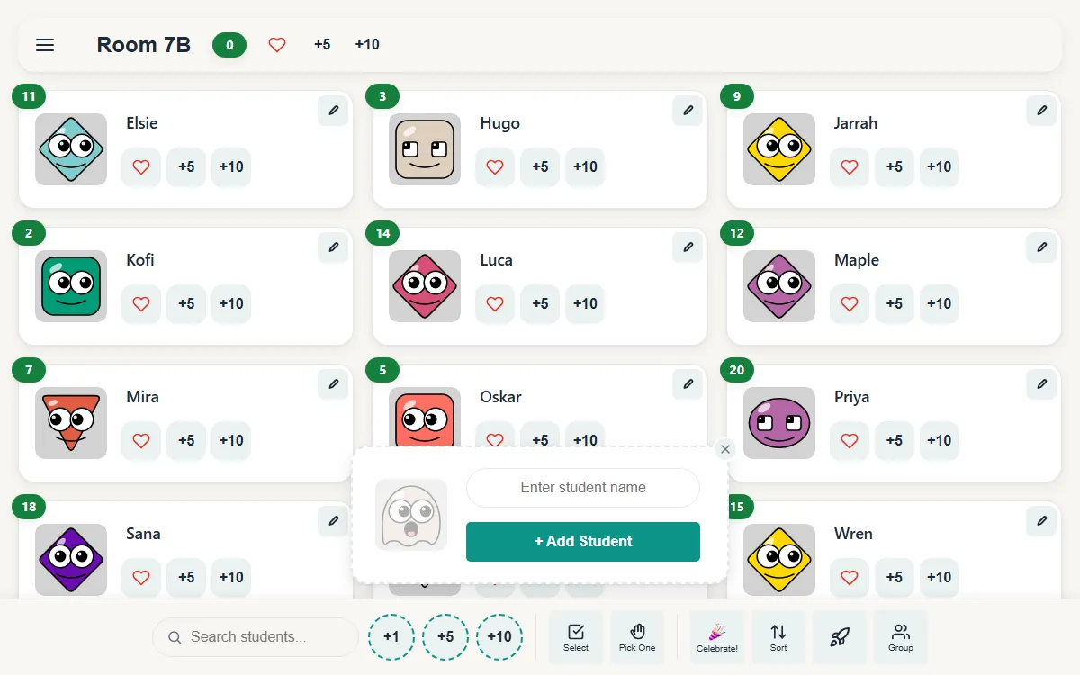 The Add Student box floating above the toolbar