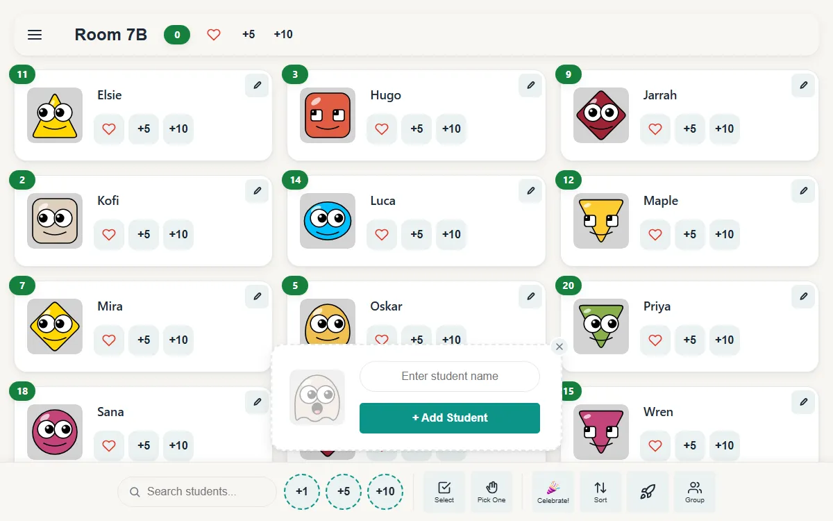 A class of twelve student cards, each with an avatar, a points badge and plus one, five and ten buttons