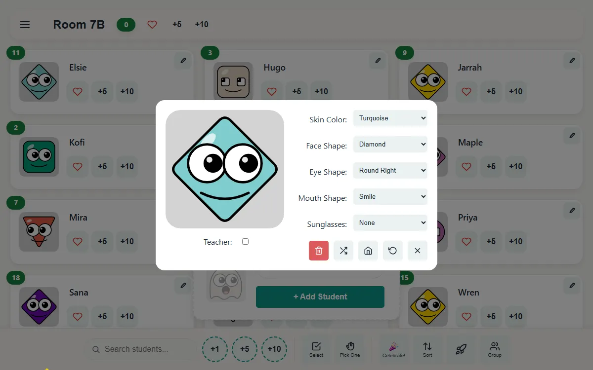 The avatar editor with skin colour, face, eye and mouth shape and sunglasses options