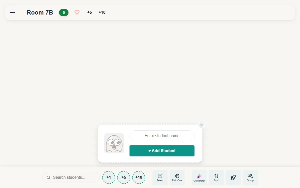 A new class with no students, showing only the Add Student box