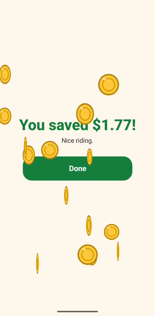Coins scattered across the celebration screen over the You saved text