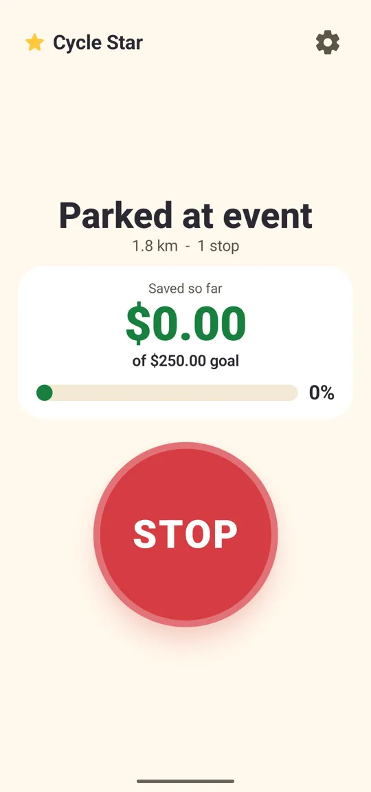Cycle Star showing Parked at event with 1.8 km and 1 stop