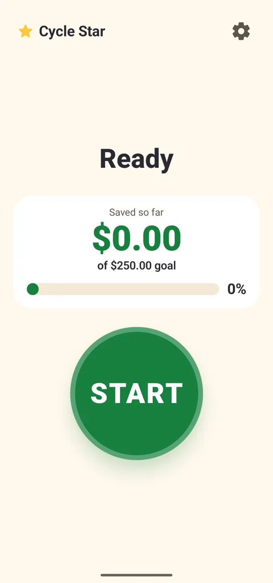 Cycle Star in the Ready state with a large green START button and a savings goal card