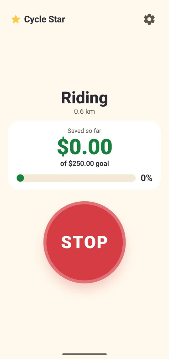 Cycle Star in the Riding state showing 0.6 km, the saved total and goal progress, and a red STOP button