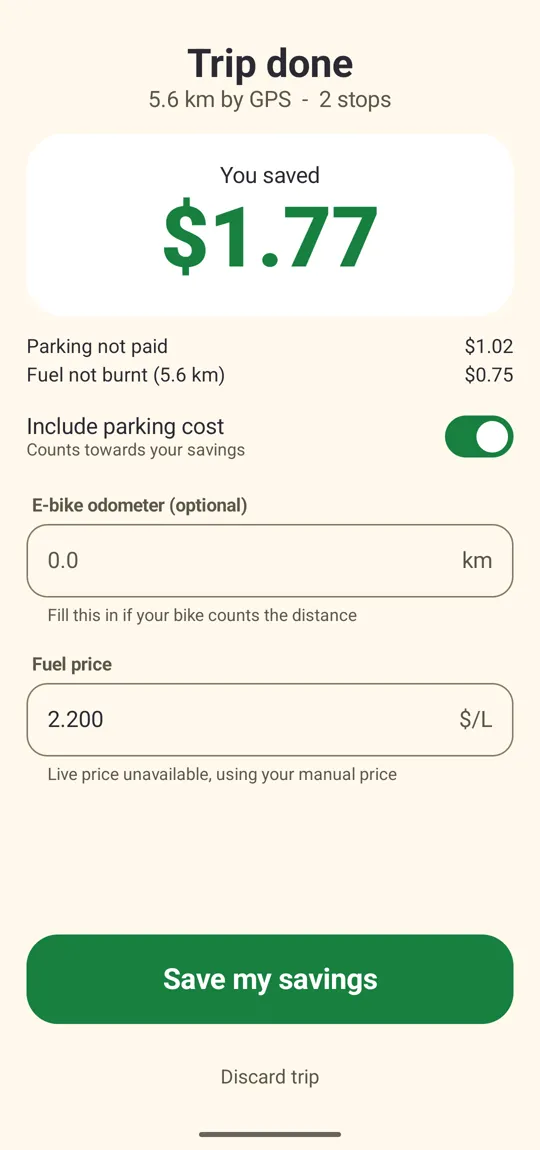 Trip summary: 5.6 km by GPS, 2 stops, you saved $1.77, with parking and fuel breakdown and a Save my savings button