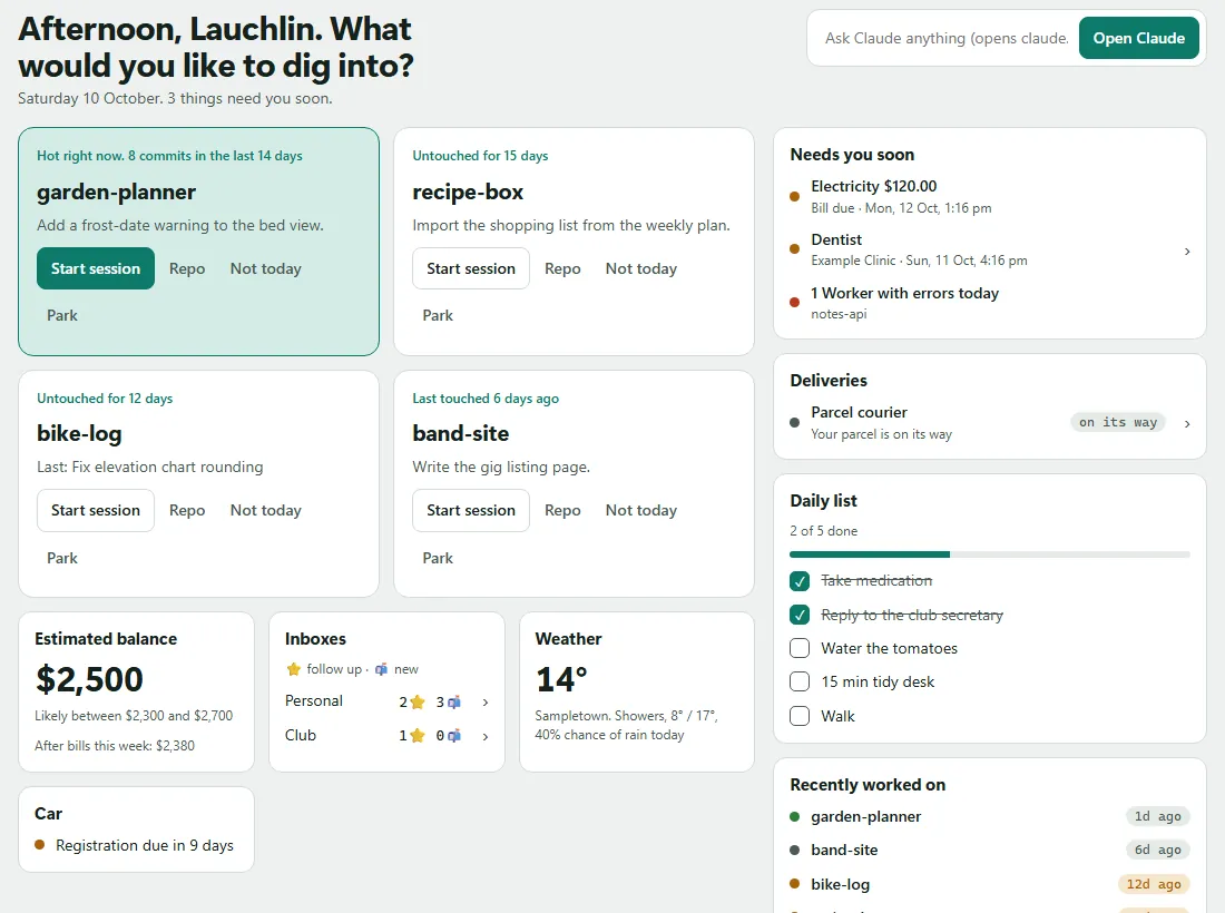The My Day page with four project suggestion cards on the left and cards for upcoming items, deliveries, a daily list and recent projects on the right