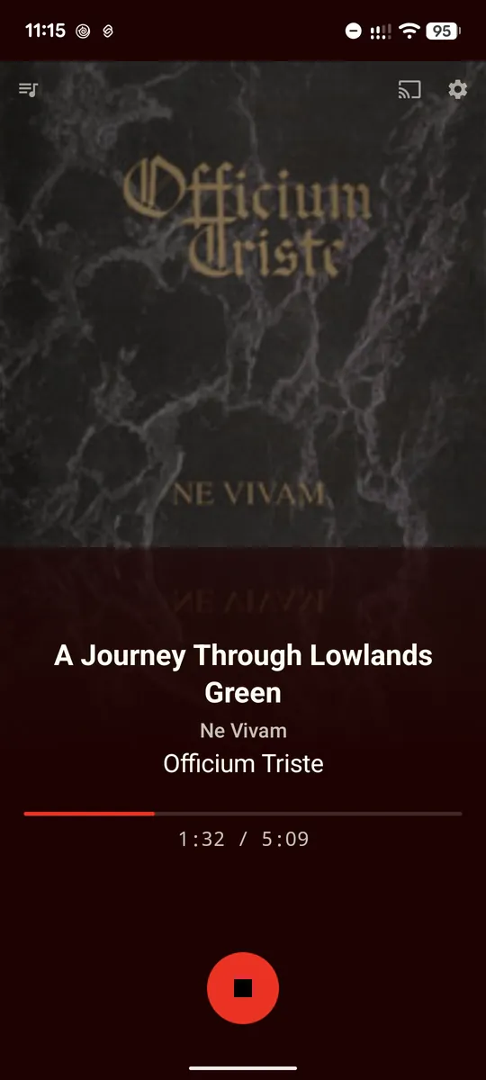 Death.FM Android now-playing screen with album art, progress bar and stop button