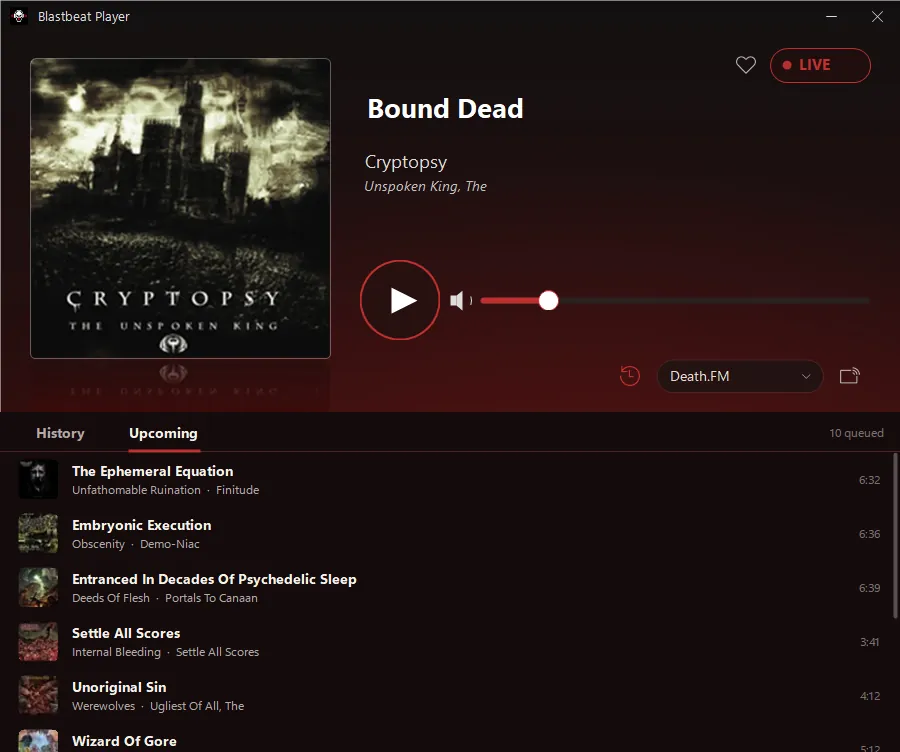 Blastbeat Player showing the current track and the upcoming queue