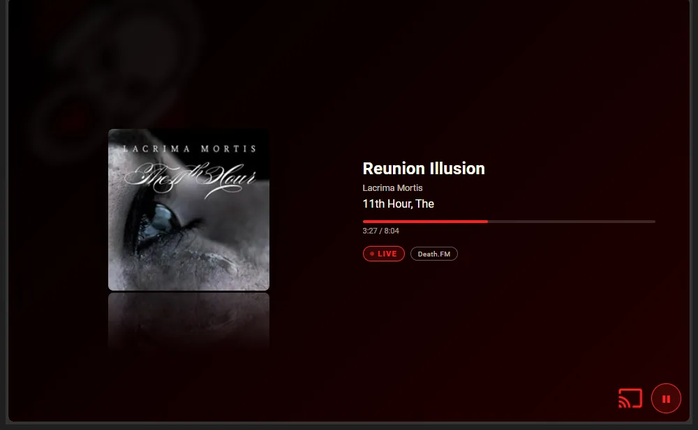 The cast receiver screen with album art, track details, a LIVE badge and a progress bar