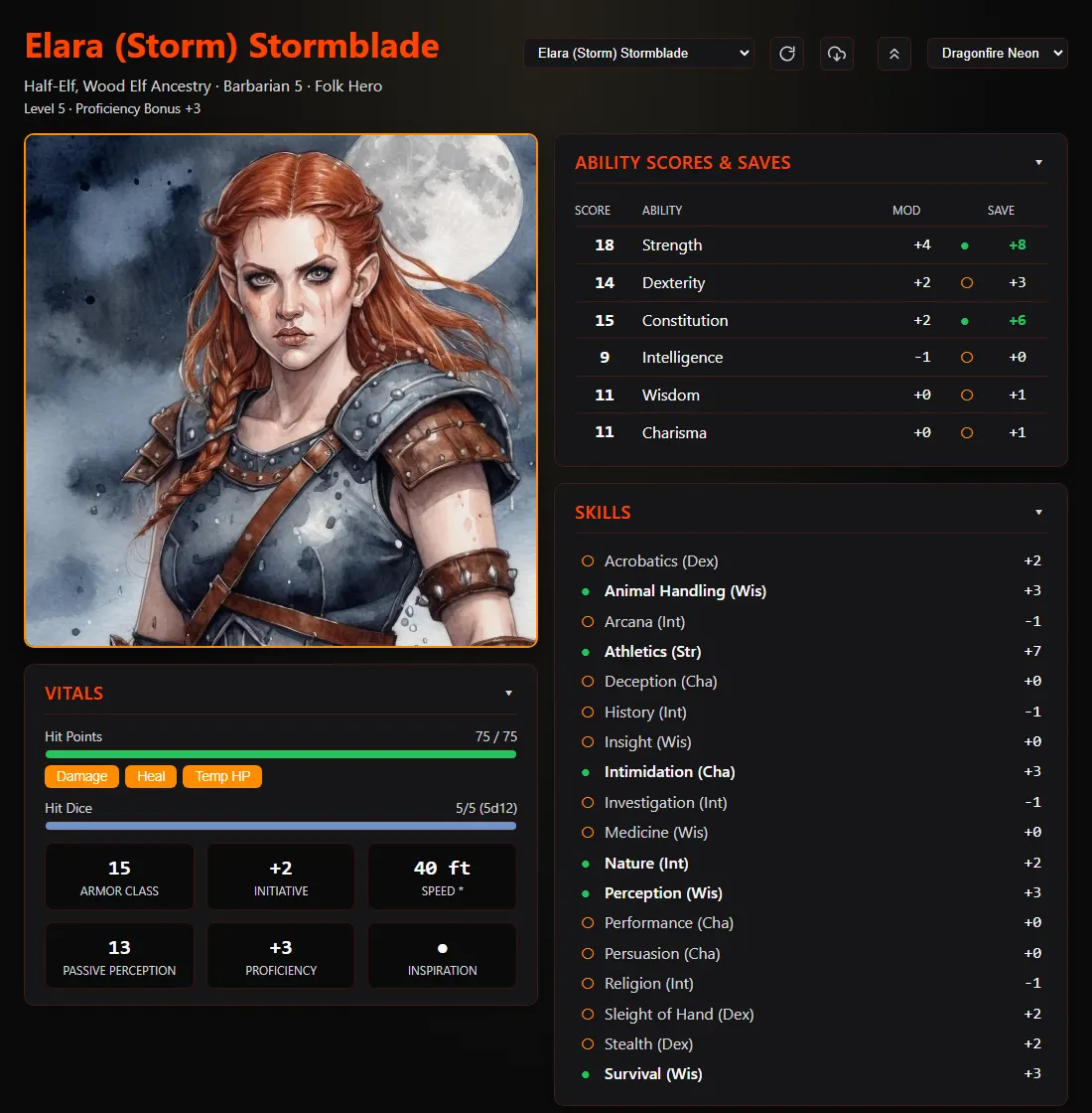 A character sheet for Elara Stormblade, a half-elf barbarian, with her portrait beside vitals, ability scores and skills, and an attacks table starting below
