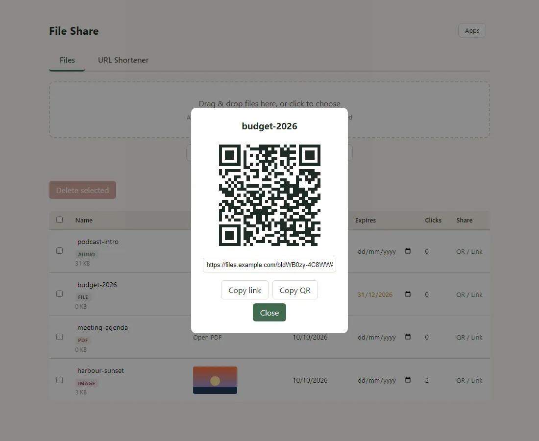 A QR code dialogue for a file, with the share link, a Copy link button and a Copy QR button
