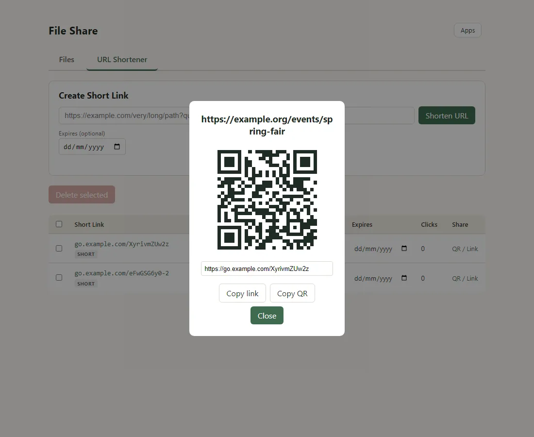A QR code dialogue for a short link, with the short URL and copy buttons
