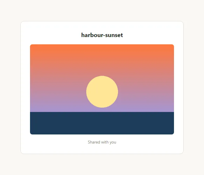 A public share page showing an image of a sunset over a harbour under its file name