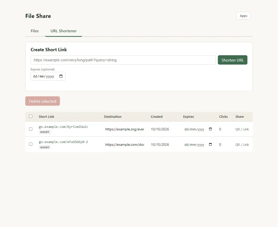 The URL Shortener tab with a form to create a short link and a table of two short links