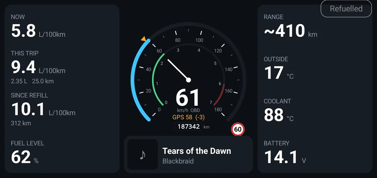 The classic NaviDrone dash: speedo dial in the middle, fuel and economy panels either side, track playing underneath