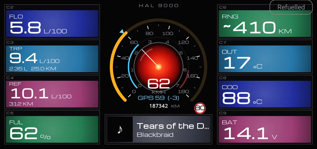 The NaviDrone dash in the HAL 9000 look, with demo readings