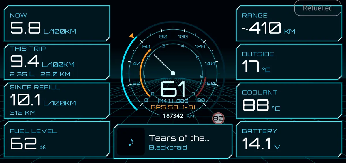 The NaviDrone dash in the Tron look, with demo readings