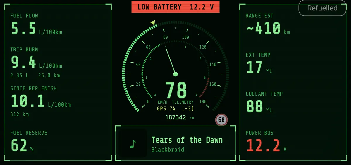 The NaviDrone dash in the Weyland-Yutani look, with demo readings