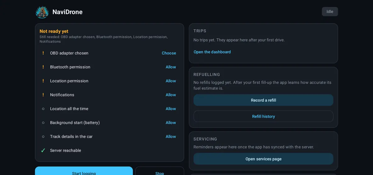 The phone setup screen listing what is still needed before logging can start