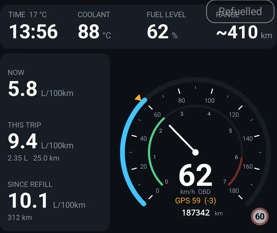 The two-thirds layout: a status strip across the top, fuel stats down the left, dial on the right