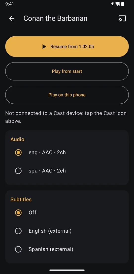The audio track and subtitle pickers on an item page