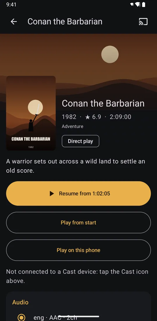 An item page with poster, rating, runtime, a Resume button and a Play from start button