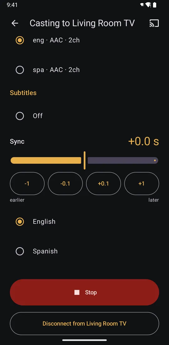 The remote screen lower down: subtitle choice, a sync control, Stop and Disconnect buttons