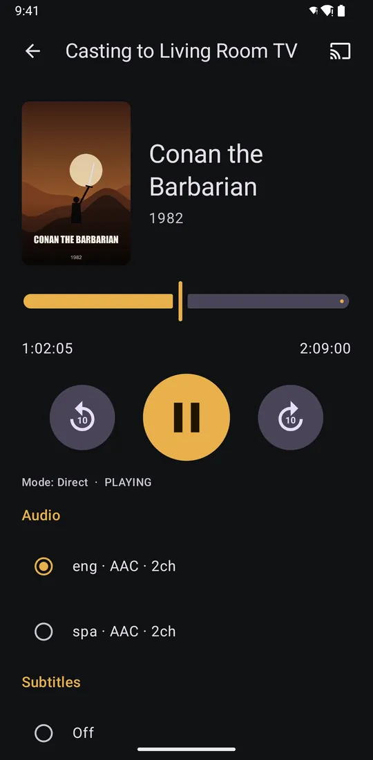 The Cast remote screen with poster, seek bar, 10-second jump buttons and pause
