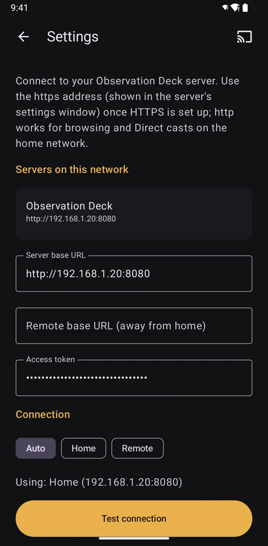 The settings screen listing a server found on the network, the server address, token and connection mode