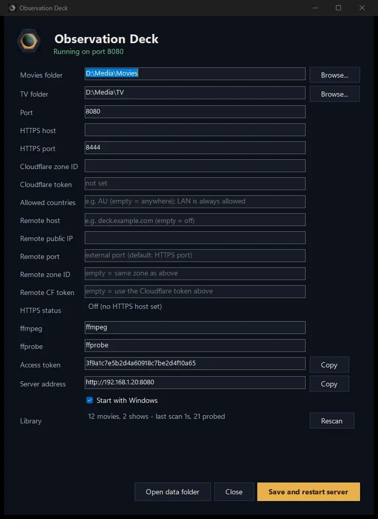 The server settings window: library folders, ports, HTTPS and remote fields, access token, server address and library counts