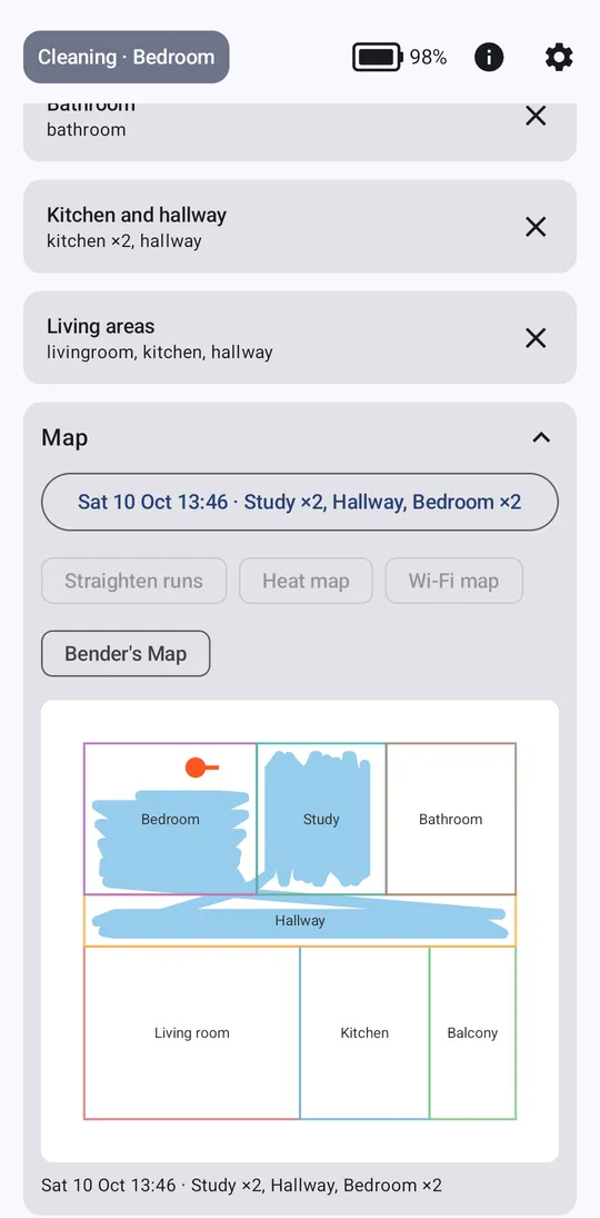 Android app map card showing a made-up floor plan with the robot's cleaned path for the current run