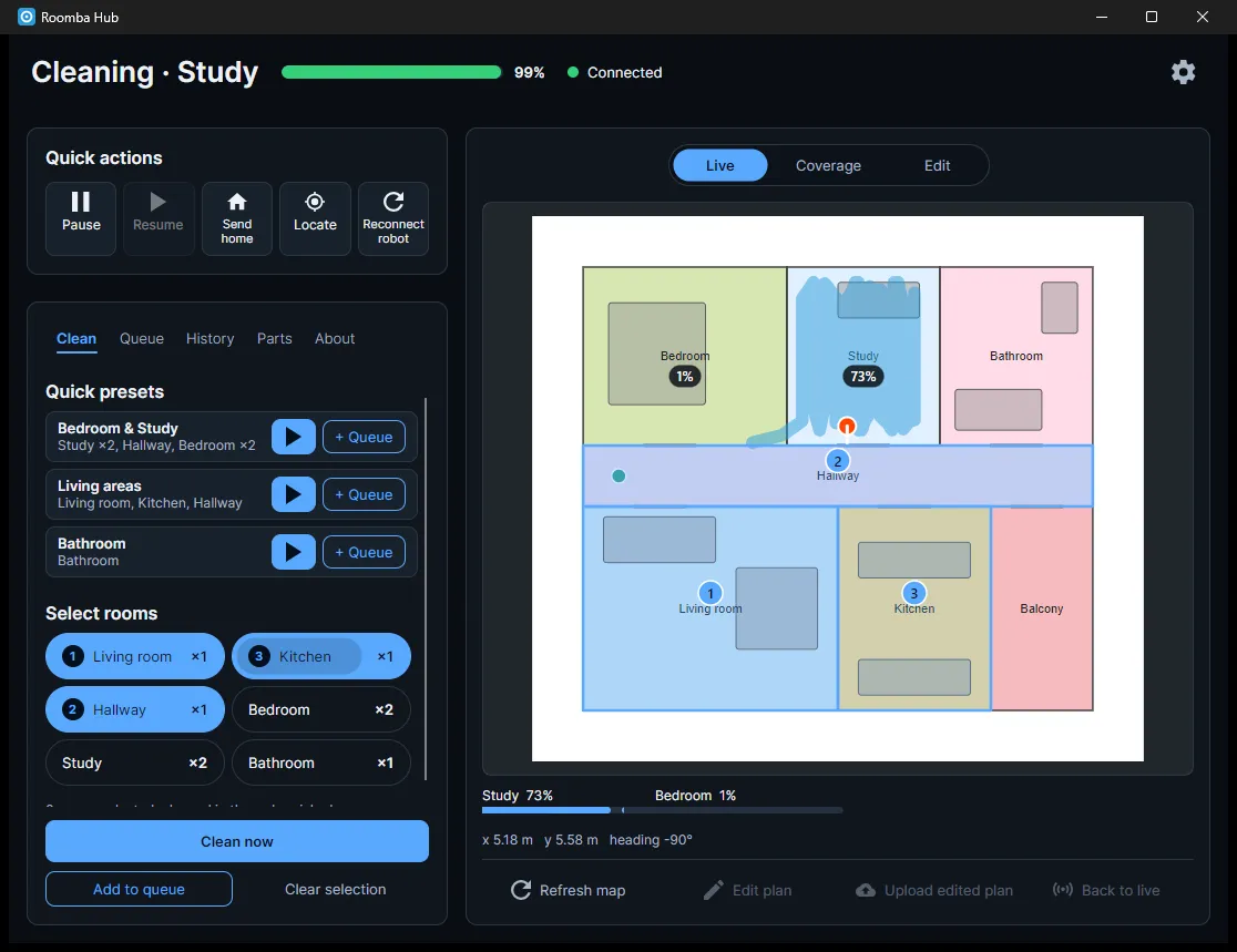 Roomba Hub desktop app on the Clean tab, with quick presets, a room list with numbered order chips, and the floor plan showing the same numbers on the chosen rooms and a robot mid-clean