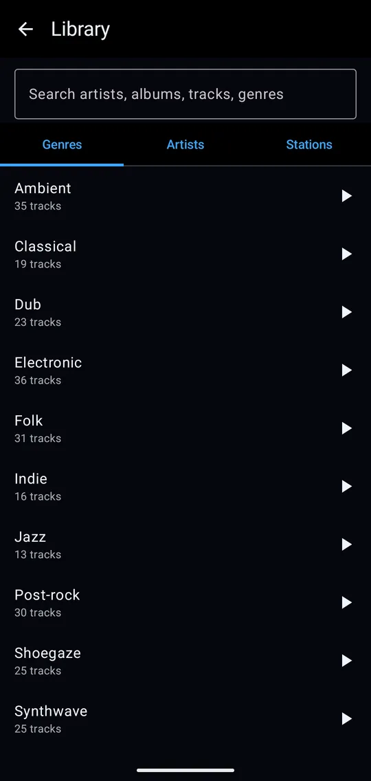 The Library screen on the Genres tab, listing genres with track counts