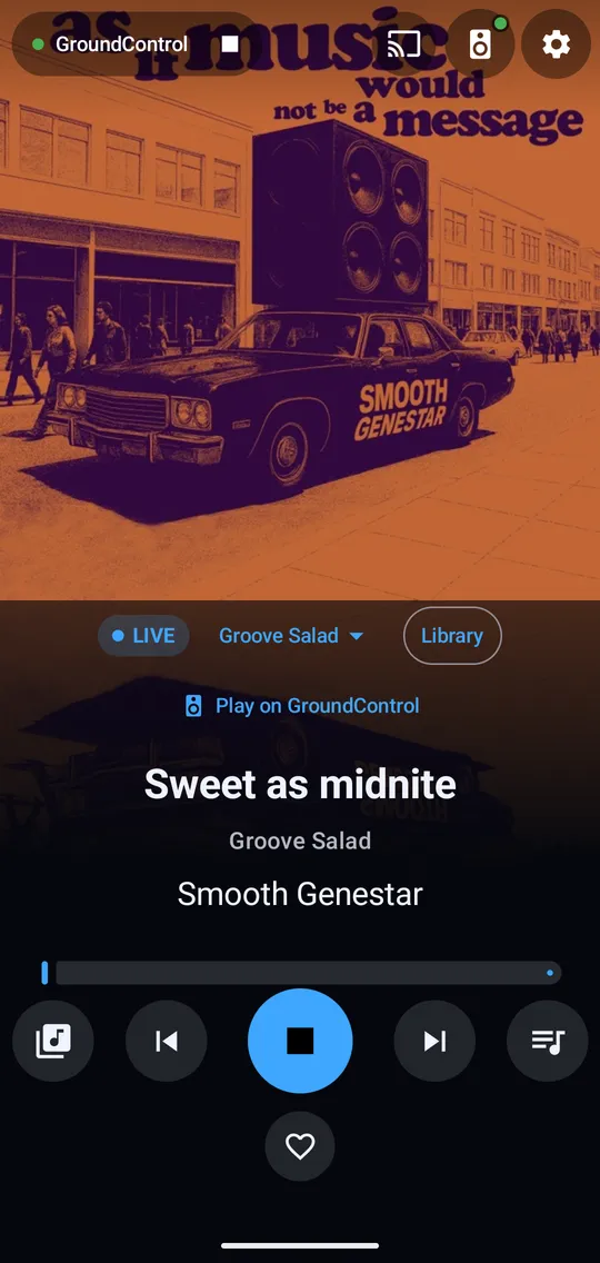 The player showing a live radio stream with a LIVE banner and station switcher