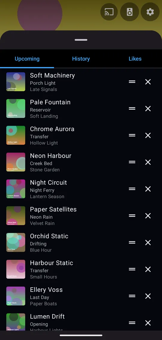 The Upcoming sheet listing the queued tracks with cover thumbnails, drag handles and remove buttons