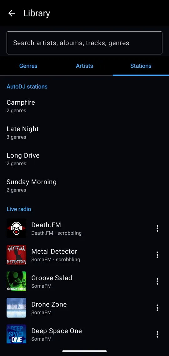 The Stations tab with AutoDJ stations and a list of live radio channels