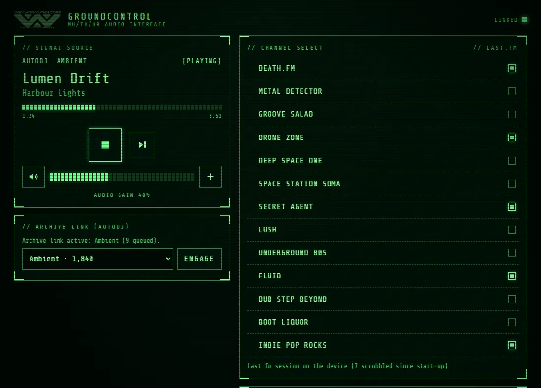 The GroundControl control page on a desktop, with the signal source panel, an archive link genre picker and a list of radio channels