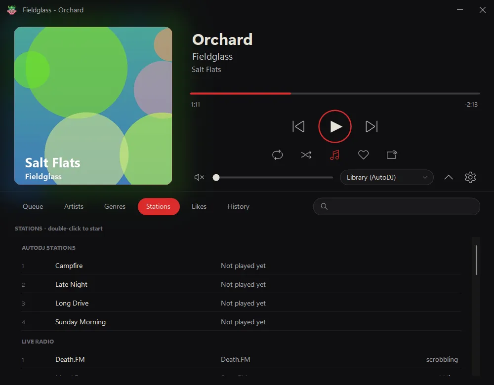 The player's Stations page listing AutoDJ stations and live radio stations