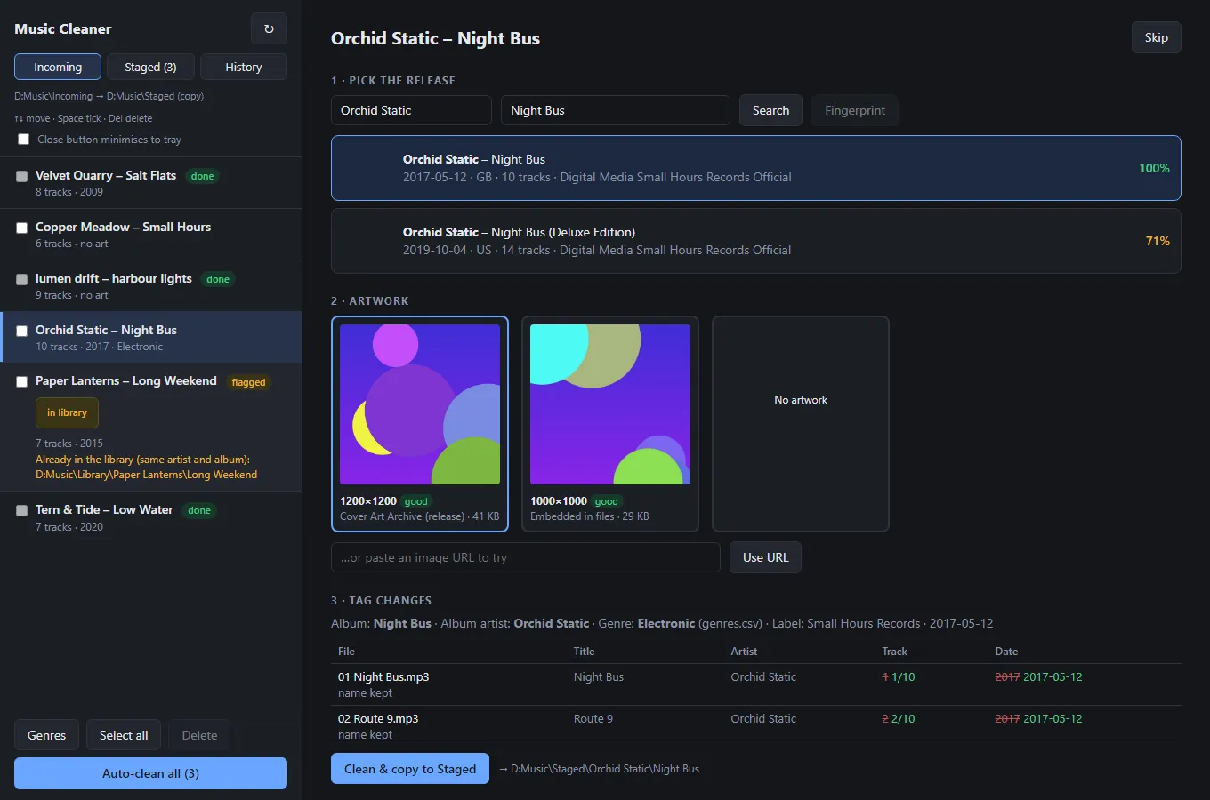 The Music Cleaner Incoming screen with a list of album folders, two MusicBrainz release candidates for one album, artwork options and a tag change table