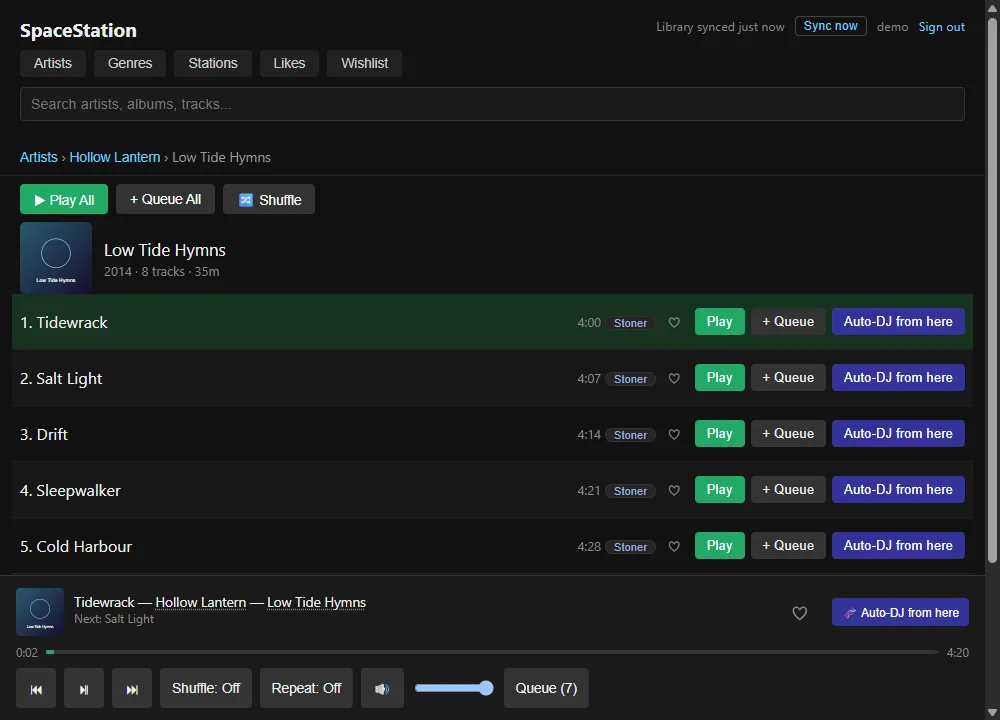 Web player album page with track list, Auto-DJ buttons and the player bar