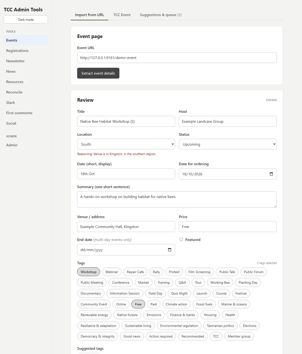 Events tab after pasting an event URL: an editable review form with title, host, region, date, venue, price and tag pills