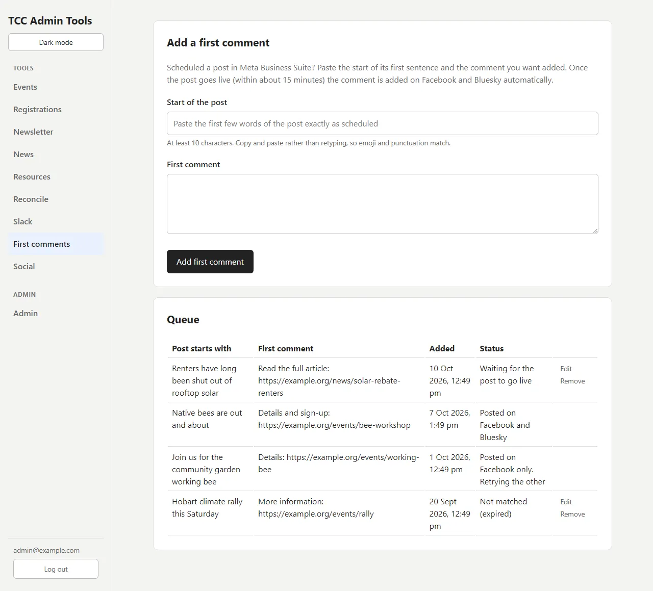 First comments queue showing waiting, posted, partly posted and expired entries