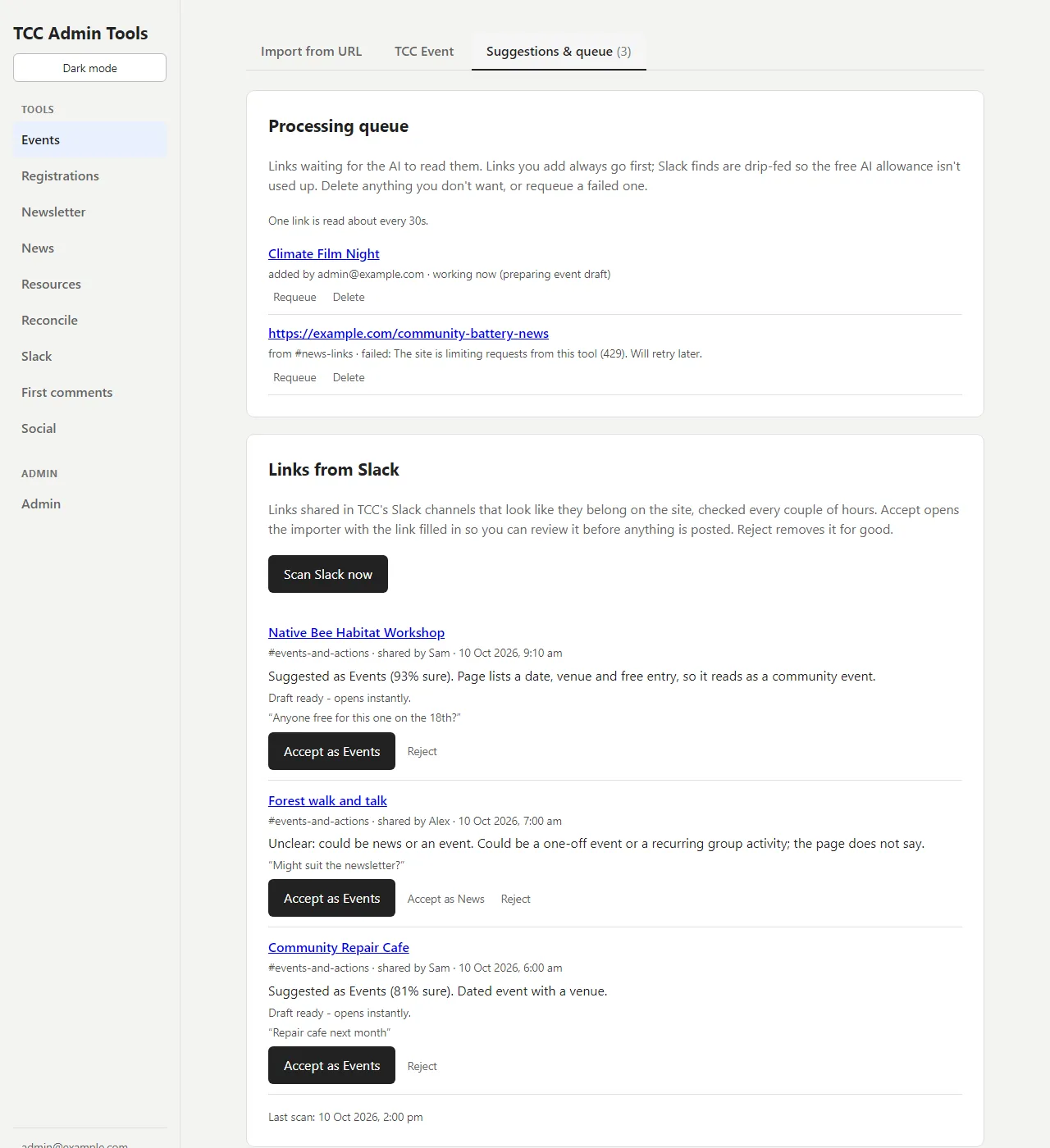 Suggestions and queue tab: a processing queue with a working and a failed job, and Slack-found links with Accept and Reject buttons
