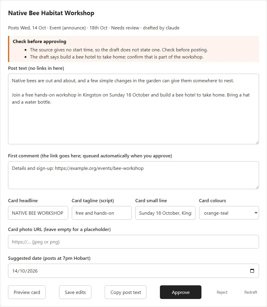 A Facebook post draft with a Check before approving warning box, editable post text, first comment and card fields