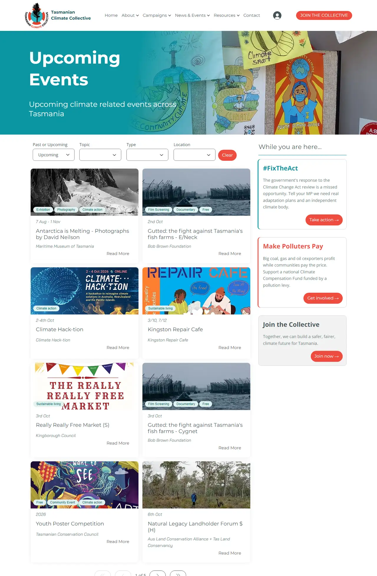 The Upcoming Events page with filters for past or upcoming, topic, type and location above a grid of event cards