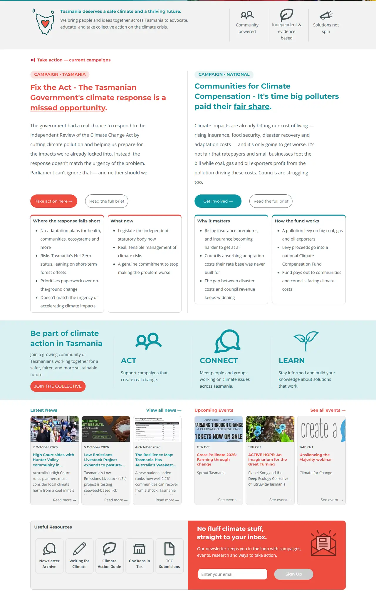 The homepage below its banner: two campaign panels, a join call to action, latest news and upcoming events cards, and a newsletter sign-up