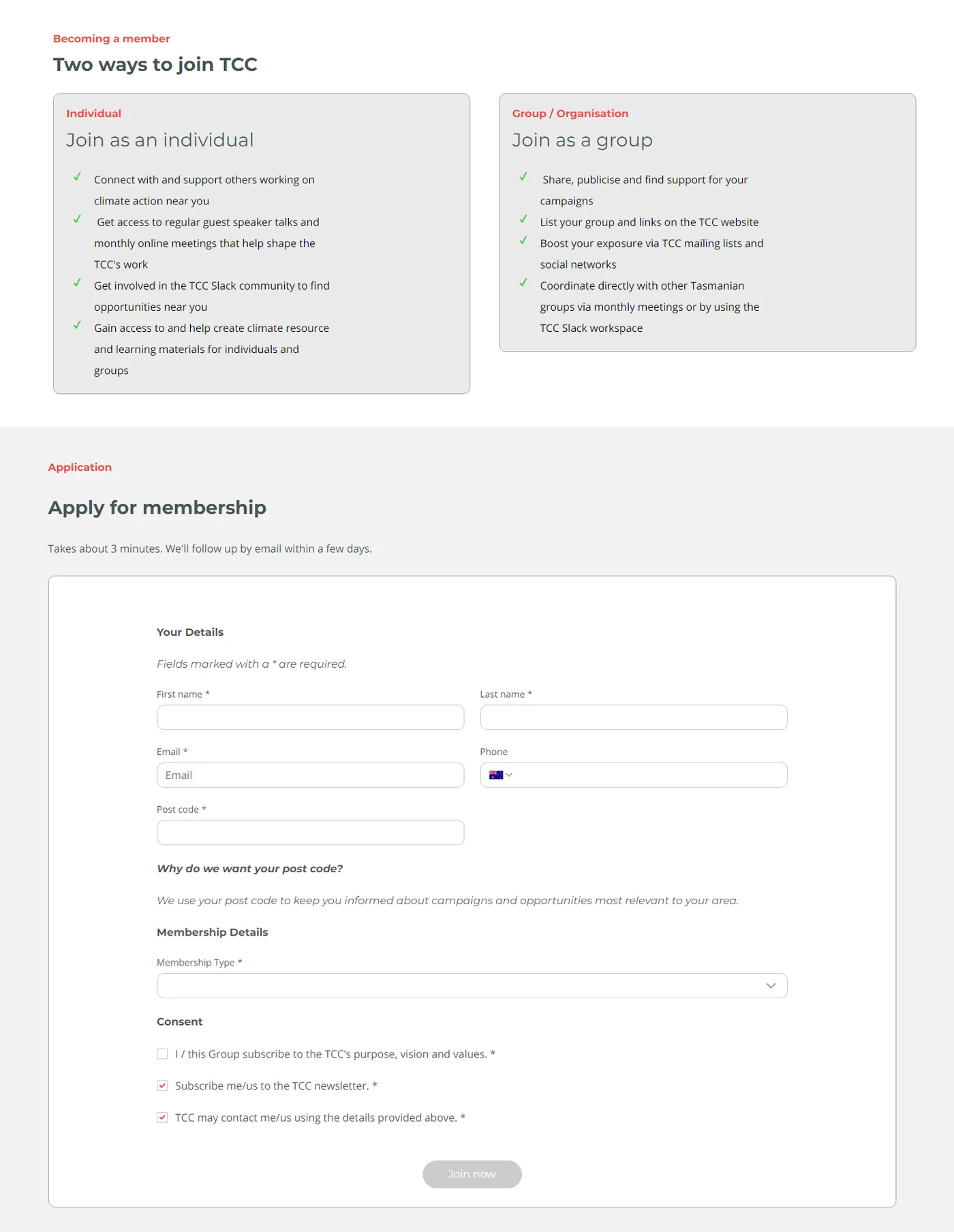 The membership page with two ways to join and an empty application form