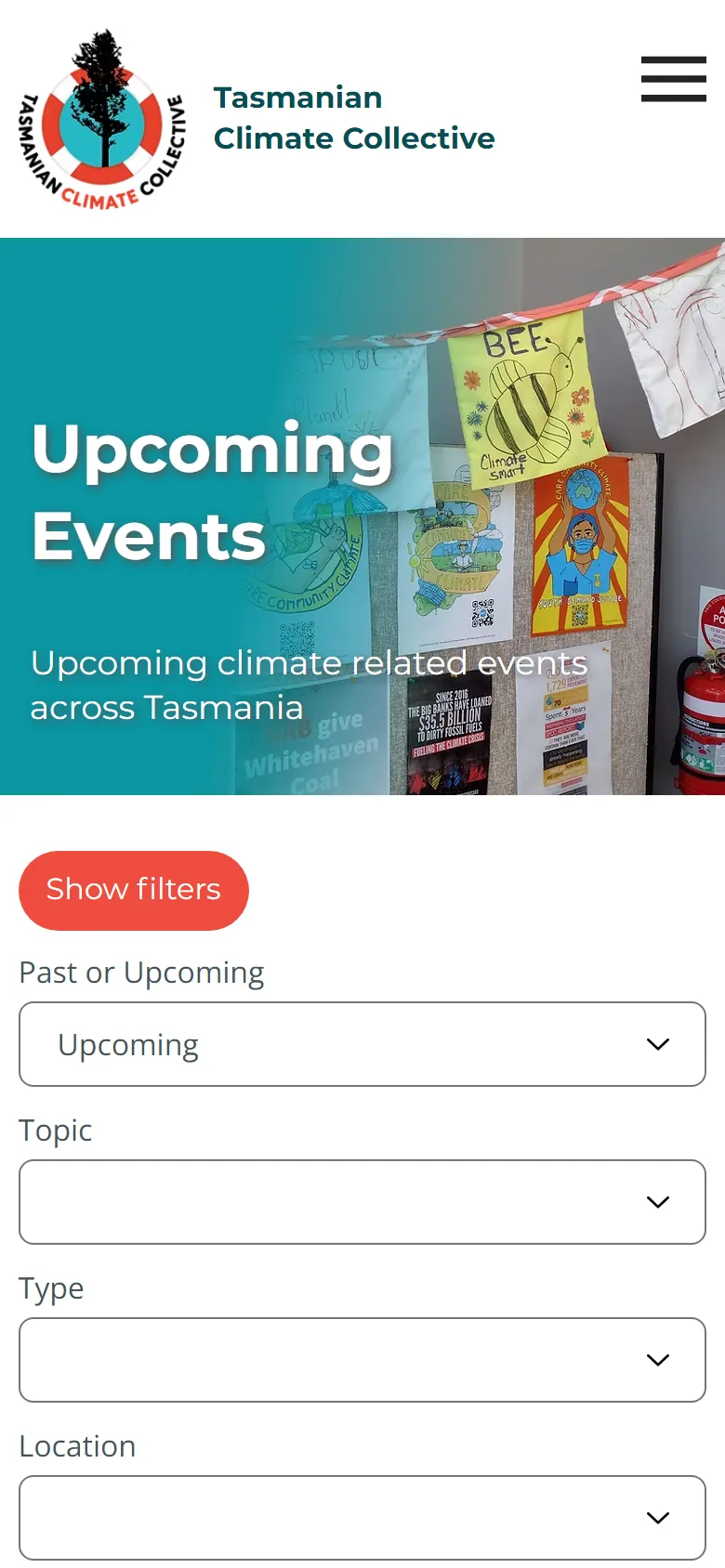 The events page at phone width with the menu collapsed